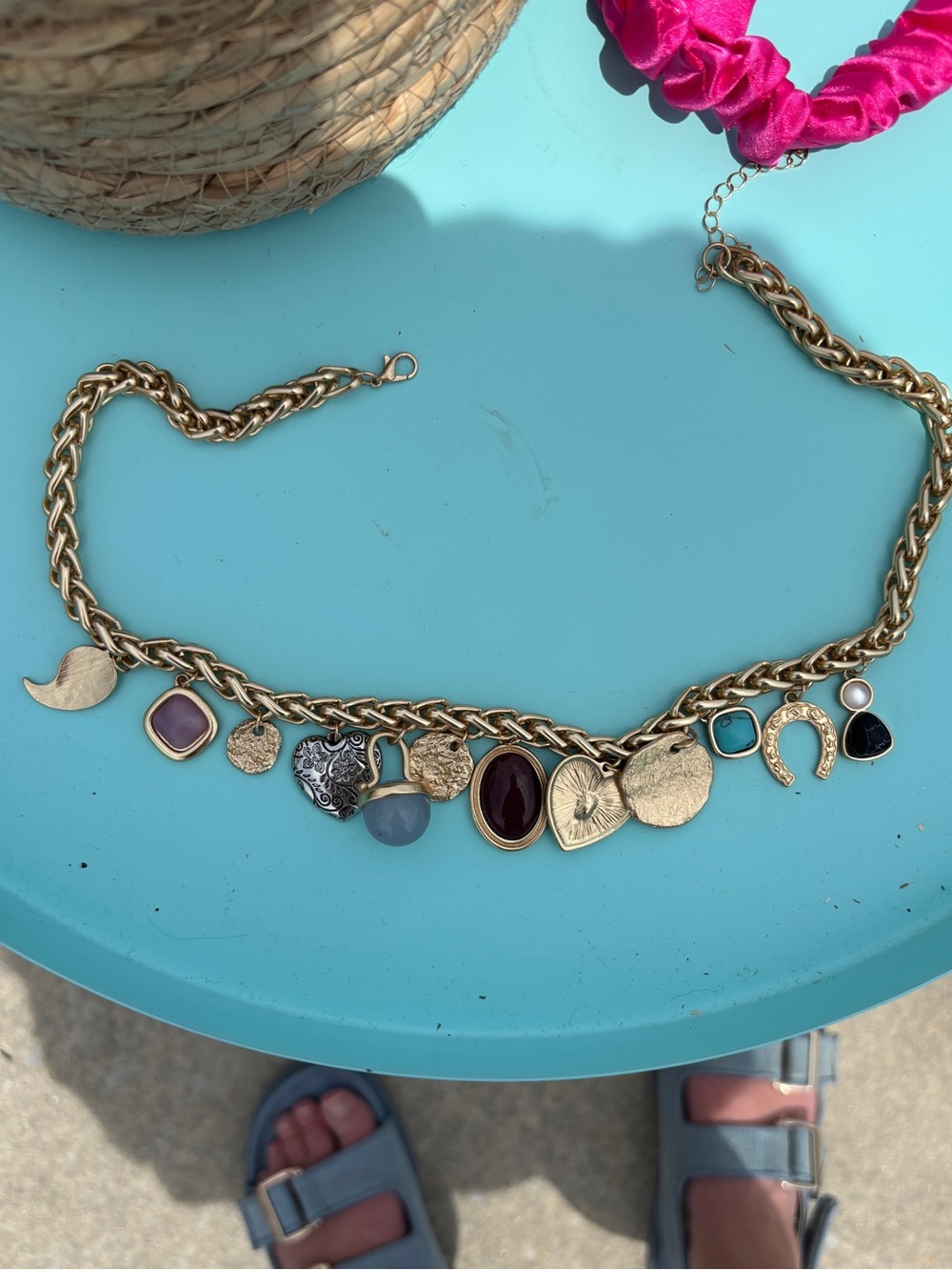 Gold-Tone Charm Necklace with Multicolor Accents